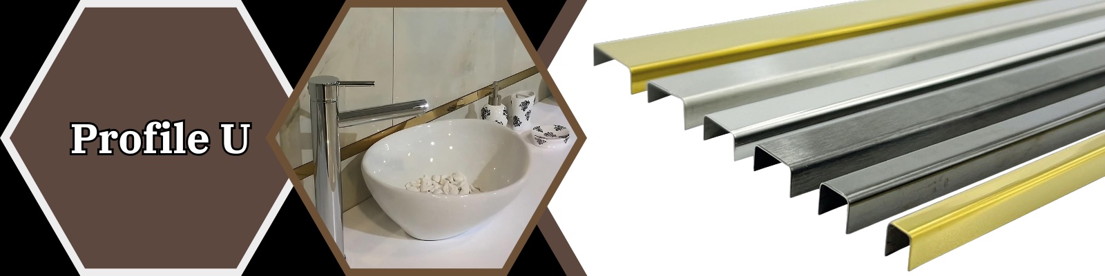 Profile din inox tip U prezentate ca produs cu finisaje aurii, crom si negre si aplicate