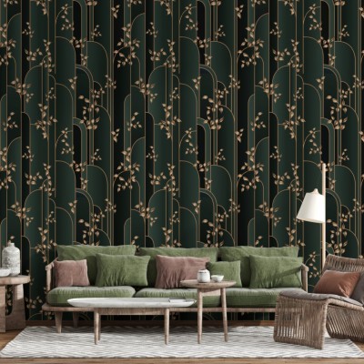 Fototapet fara imbinari Golden Leaves On A Aark Green Background Premier Decor