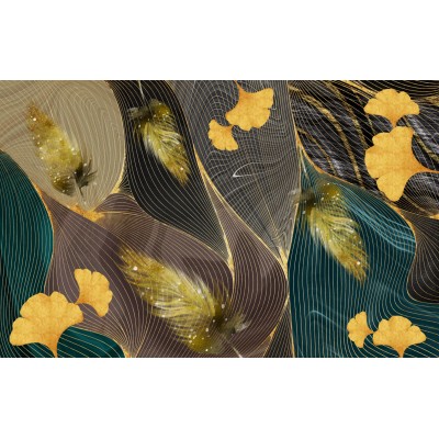 Fototapet fara imbinari Gold Ginko and Feather Premier Decor