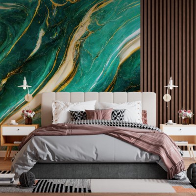 Fototapet fara imbinari Abstract Turquoise, Gold And White Marble cu Riflaj Premier Decor