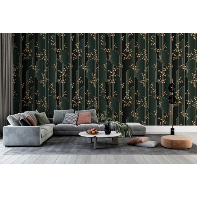 Fototapet fara imbinari Golden Leaves On A Aark Green Background Premier Decor