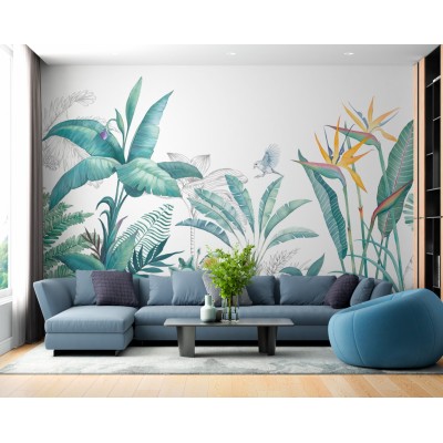 Fototapet fara imbinari Tropical Watercolor Plants And Leaves Premier Decor