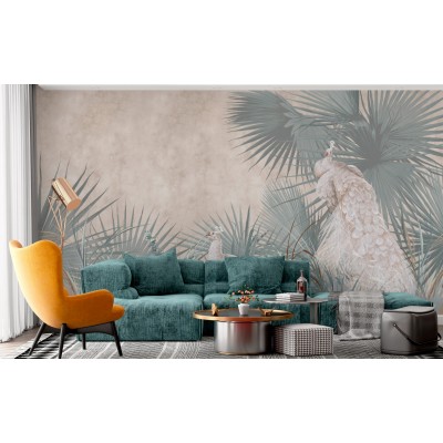Fototapet fara imbinari Retro Peacocks And Leaves Premier Decor