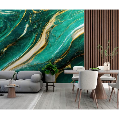 Fototapet fara imbinari Abstract Turquoise, Gold And White Marble cu Riflaj Premier Decor