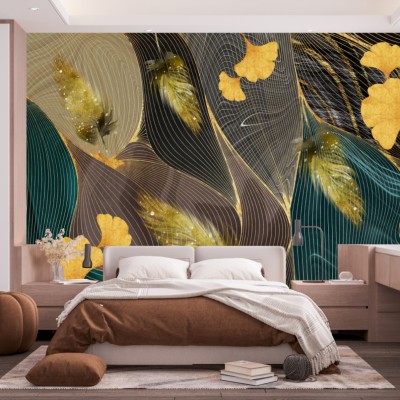 Fototapet fara imbinari Gold Ginko and Feather Premier Decor