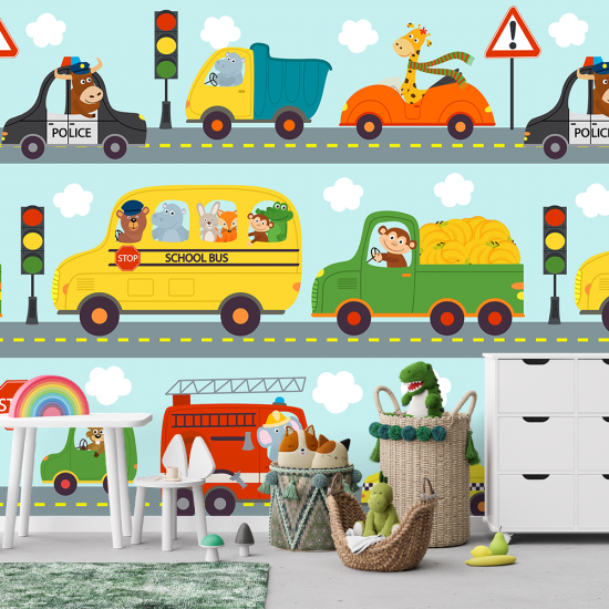 Fototapet 3D Copii: Aventura Colorată a Animaluțelor în Mașini pe Strada Plină de Magie Fototapet 3D Copii: Aventura Colorată a Animaluțelor în Mașini pe Strada Plină de Magie