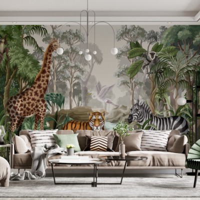 Fototapet fara imbinari Jungle Landscape With Wild Animals Premier Decor