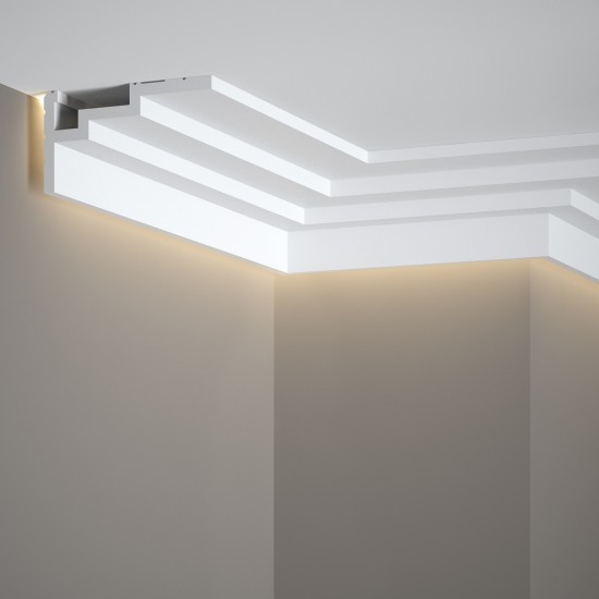 Cornisa tavan QL025 polimer rigid 6 x 11 x 200 cm, compatbil LED, alb mat vopsibil, Mardom Decor