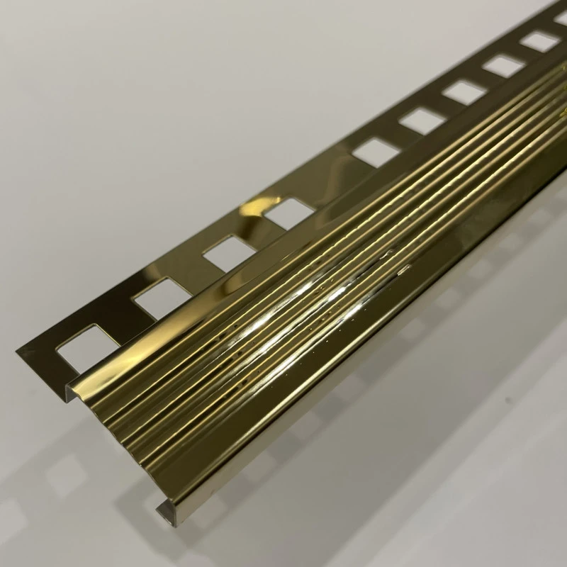 Profil inox, terminatie treapta gresie 10x30 mm, auriu oglinda, antiderapant