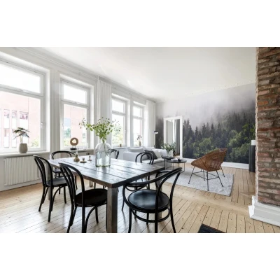 Fototapet premium, model 3d, O pădure verde și misterioasă de brad Misty Fir Forest, dimensiuni pe comanda Rebel Walls