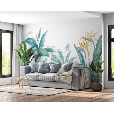 Fototapet fara imbinari Tropical Watercolor Plants And Leaves Premier Decor