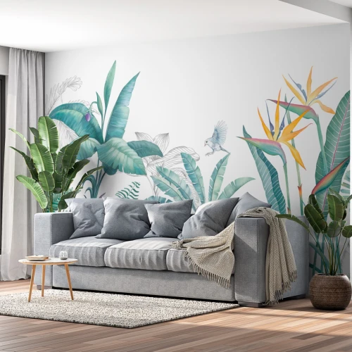 Fototapet fara imbinari Tropical Watercolor Plants And Leaves