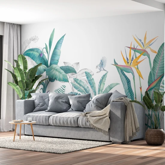Fototapet fara imbinari Tropical Watercolor Plants And Leaves