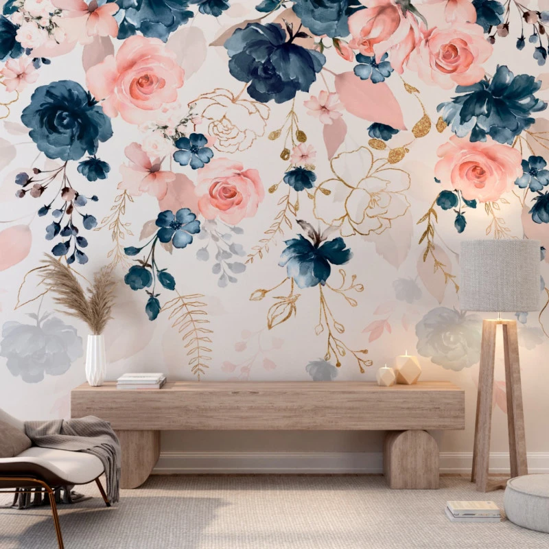 Fototapet fara imbinari Pink And Dark Blue Flowers
