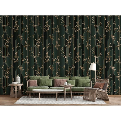 Fototapet fara imbinari Golden Leaves On A Aark Green Background Premier Decor