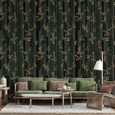 Fototapet fara imbinari Golden Leaves On A Aark Green Background Premier Decor