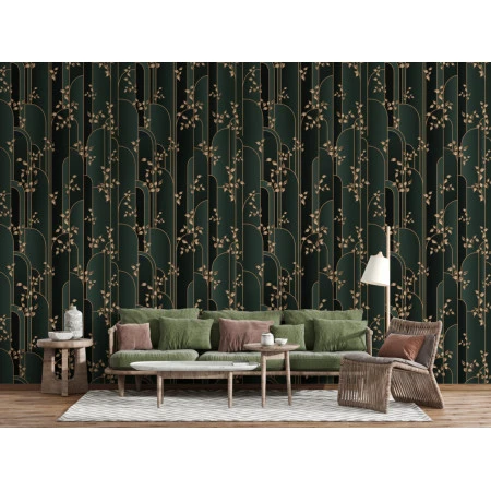 Fototapet fara imbinari Golden Leaves On A Aark Green Background Premier Decor