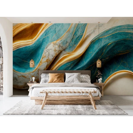 Fototapet fara imbinari Turquoise, Gold And White Abstract Luxury Marble