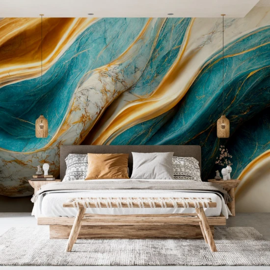 Fototapet fara imbinari Turquoise, Gold And White Abstract Luxury Marble