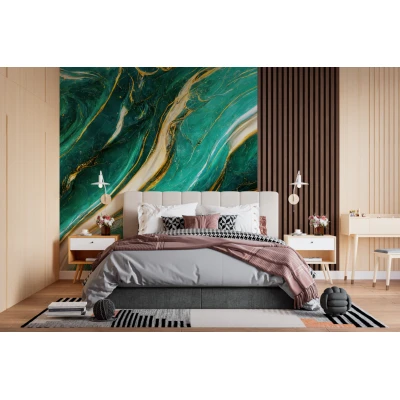 Fototapet fara imbinari Abstract Turquoise, Gold And White Marble cu Riflaj Premier Decor