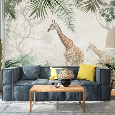Fototapet fara imbinari Pair Of Giraffes In Tropical Forest Premier Decor