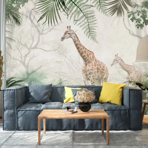 Fototapet fara imbinari Pair Of Giraffes In Tropical Forest