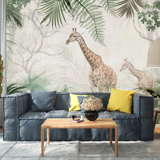 Fototapet fara imbinari Pair Of Giraffes In Tropical Forest