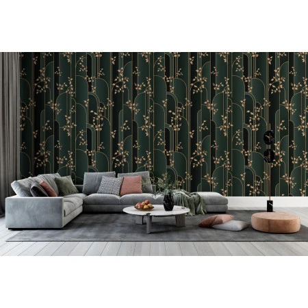 Fototapet fara imbinari Golden Leaves On A Aark Green Background Premier Decor