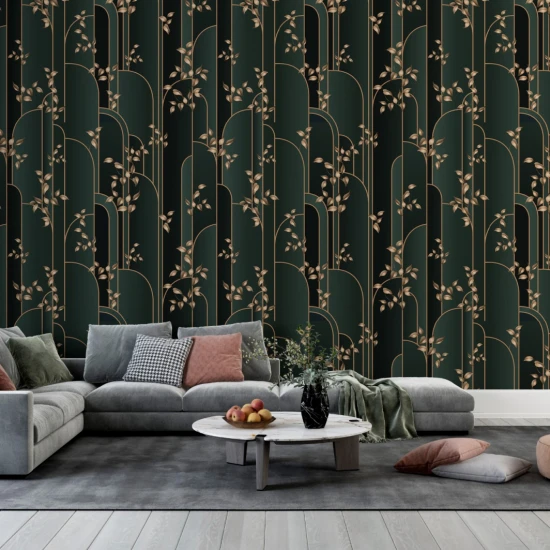 Fototapet fara imbinari Golden Leaves On A Aark Green Background