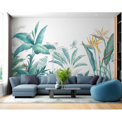 Fototapet fara imbinari Tropical Watercolor Plants And Leaves Premier Decor