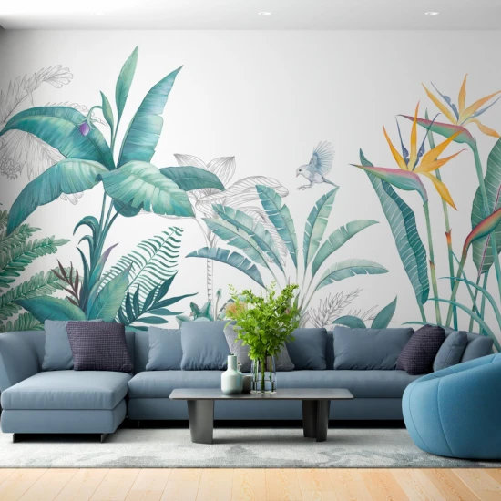 Fototapet fara imbinari Tropical Watercolor Plants And Leaves