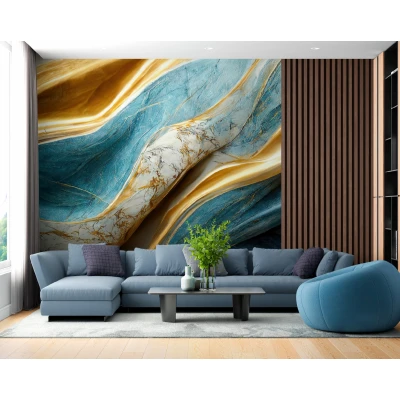 Fototapet fara imbinari Abstract Blue, Gold And White Luxury Marble cru Riflaj Premier Decor