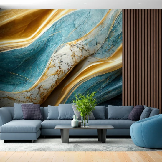 Fototapet fara imbinari Abstract Blue, Gold And White Luxury Marble cru Riflaj