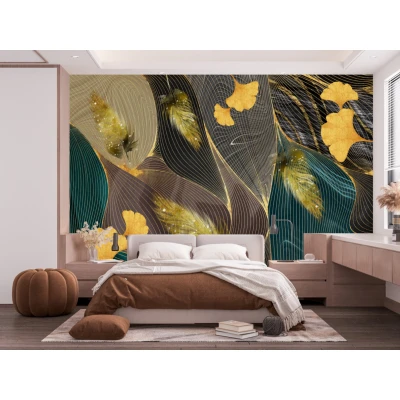 Fototapet fara imbinari Gold Ginko and Feather Premier Decor