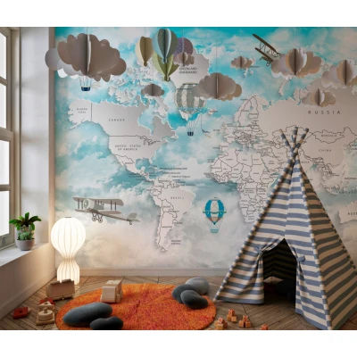 Fototapet fara imbinari Light Blue Flying Map Premier Decor
