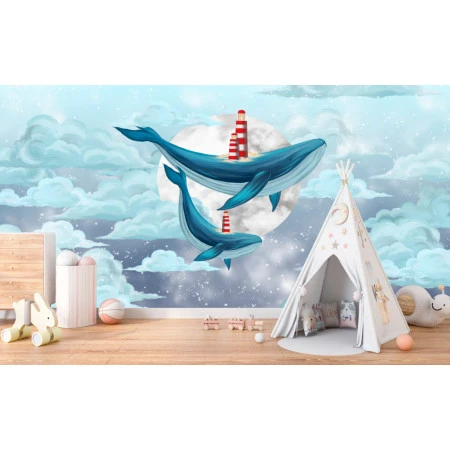 Fototapet fara imbinari Flying Blue Whales With Beacons In The Clouds Premier Decor