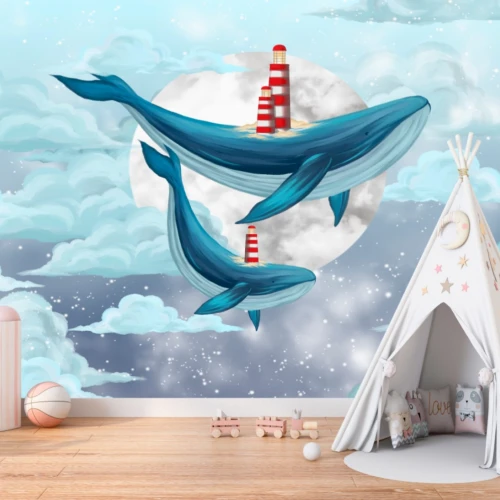 Fototapet fara imbinari Flying Blue Whales With Beacons In The Clouds