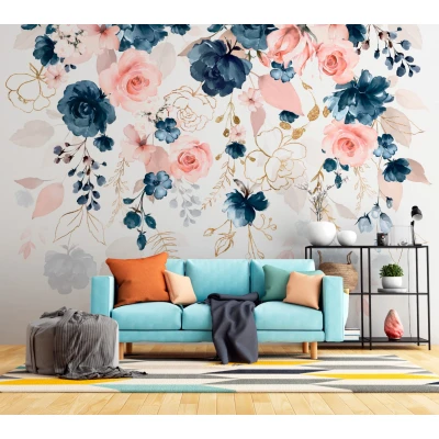 Fototapet fara imbinari Pink And Dark Blue Flowers Premier Decor