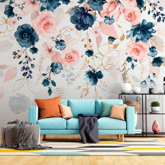 Fototapet fara imbinari Pink And Dark Blue Flowers