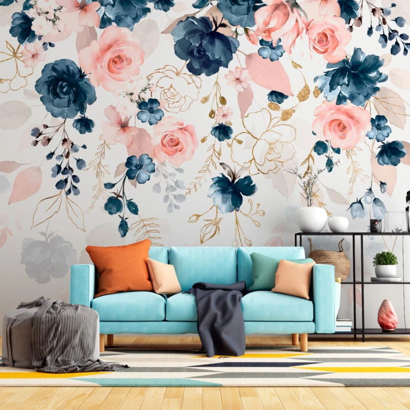 Fototapet fara imbinari Pink And Dark Blue Flowers
