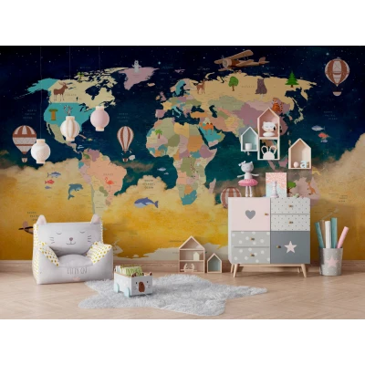 Fototapet fara imbinari Map Of The World With NIght Sky Premier Decor