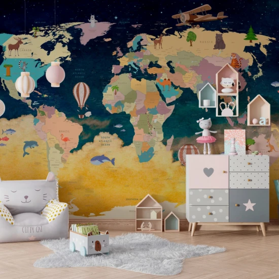 Fototapet fara imbinari Map Of The World With NIght Sky