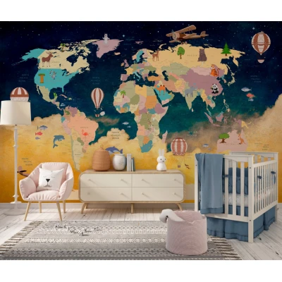 Fototapet fara imbinari Map Of The World With NIght Sky Premier Decor