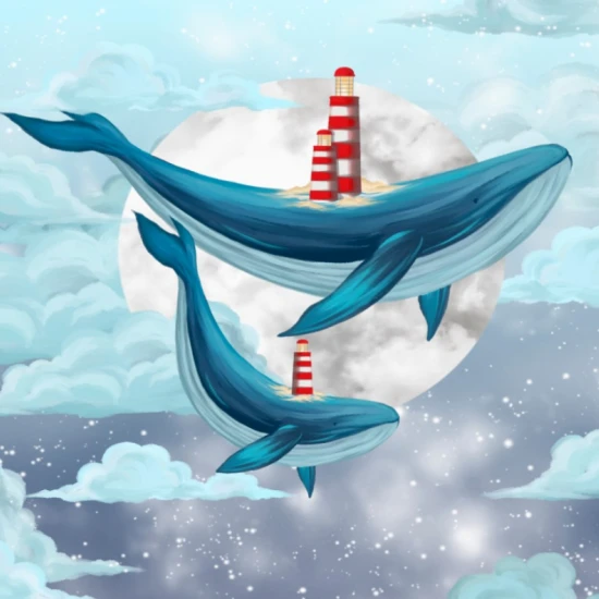 Fototapet fara imbinari Flying Blue Whales With Beacons In The Clouds