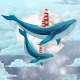 Fototapet fara imbinari Flying Blue Whales With Beacons In The Clouds