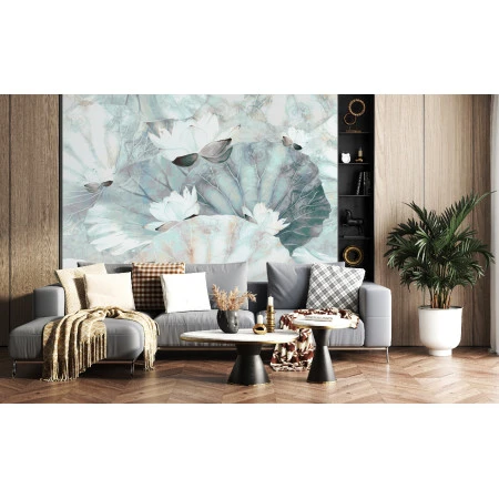 Fototapet fara imbinari Lotus Flowers And Leaves On A Vintage Textured
