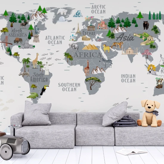 Fototapet fara imbinari World Map With Gray Continents