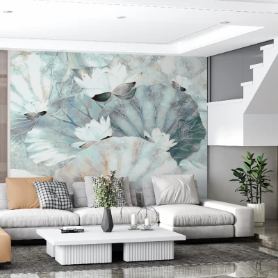 Fototapet fara imbinari Lotus Flowers And Leaves On A Vintage Textured Premier Decor