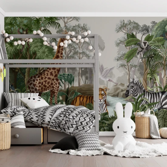 Fototapet fara imbinari Jungle Landscape With Wild Animals