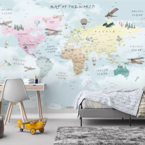 Fototapet Copii: Harta Lumii pe Fundal de Nori, Fără Îmbinări